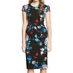 Betsey Johnson Black Floral Sheath Knee Length Short Sleeve Dress